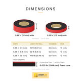 Mounting tape sizes: 0.94 in (24 mm) x 16 ft, 0.39 in (9.9 mm) x 32 ft and 0.39 in (10 mm) x 100 ft per roll, 0.025 in (0.64 mm) foam core, 10 rolls per pack
