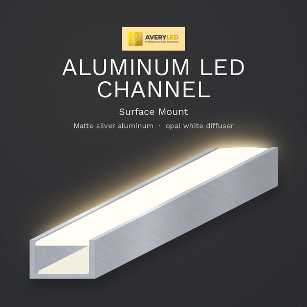 Avery surface mount aluminum LED channel, matte silver aluminum body with opal white diffuser